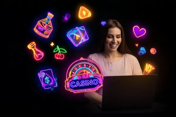 Uma mulher sorrindo enquanto joga online em seu laptop, cercada por elementos de cassino em néon, destacando a coleção diversificada de jogos do 67VIP.