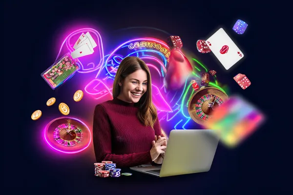 Um homem comemorando uma vitória em seu laptop enquanto símbolos de jogos flutuam ao redor, capturando a emoção dos jogos 67VIP.